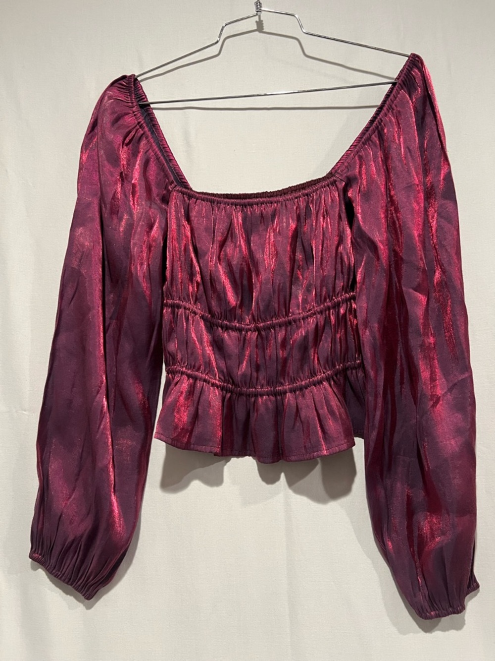 Adelyn Rae Metallic Burgundy Smocked Crop Top Puff Sleeve S - Picture 1 of 6